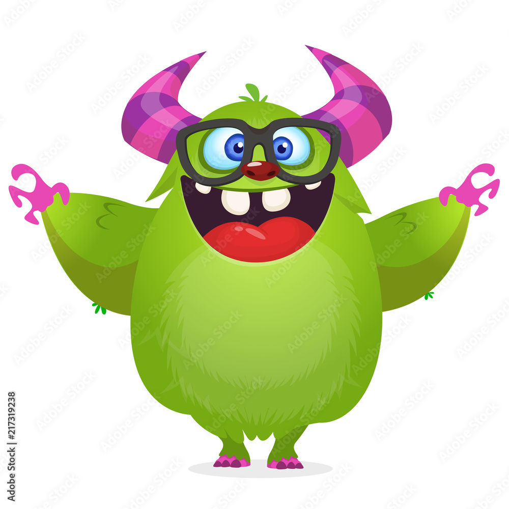 Happy cartoon monster. Halloween vector green and horned monster wearing  eyeglasses. Design for print, sticker, party decoration or children book  illustration Stock Vector | Adobe Stock