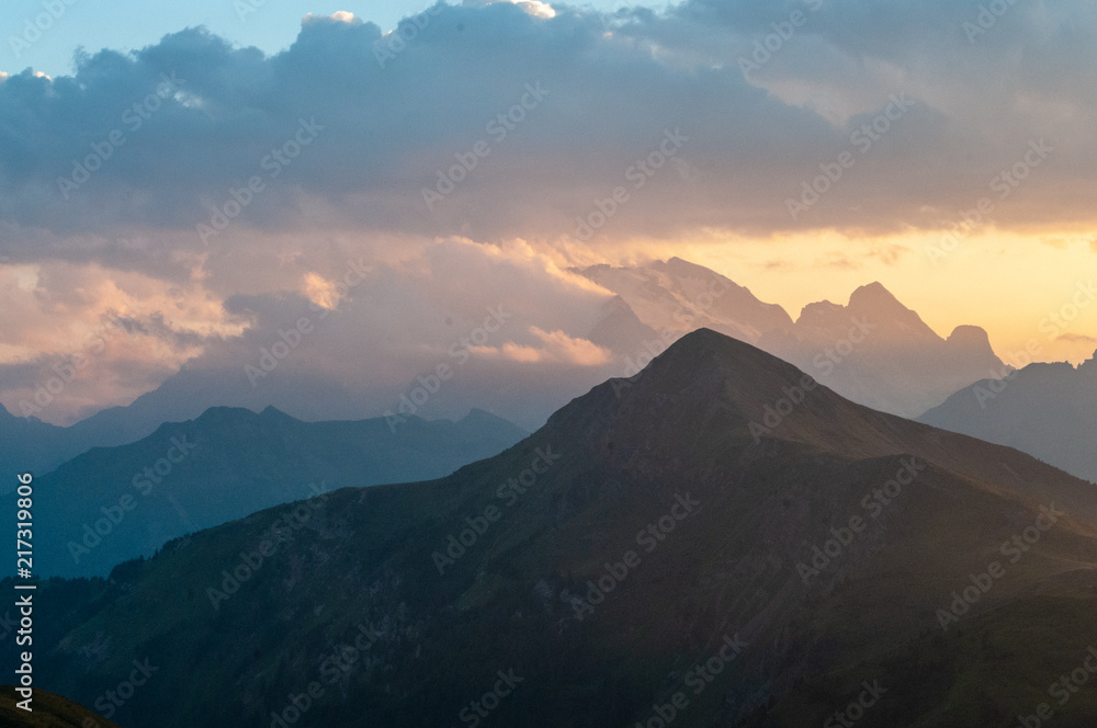 Landscape shot at the Passo di Giau, in the the Italian Dolomites, during the Golden Hour.