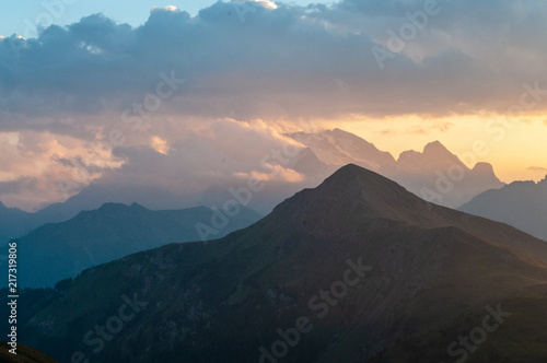 Landscape shot at the Passo di Giau  in the the Italian Dolomites  during the Golden Hour.