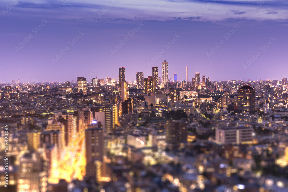 Aerial view of Ikebukuro skyscrapers illuminated in the night of Tokyo with tilt-shift bokeh in foreground.
