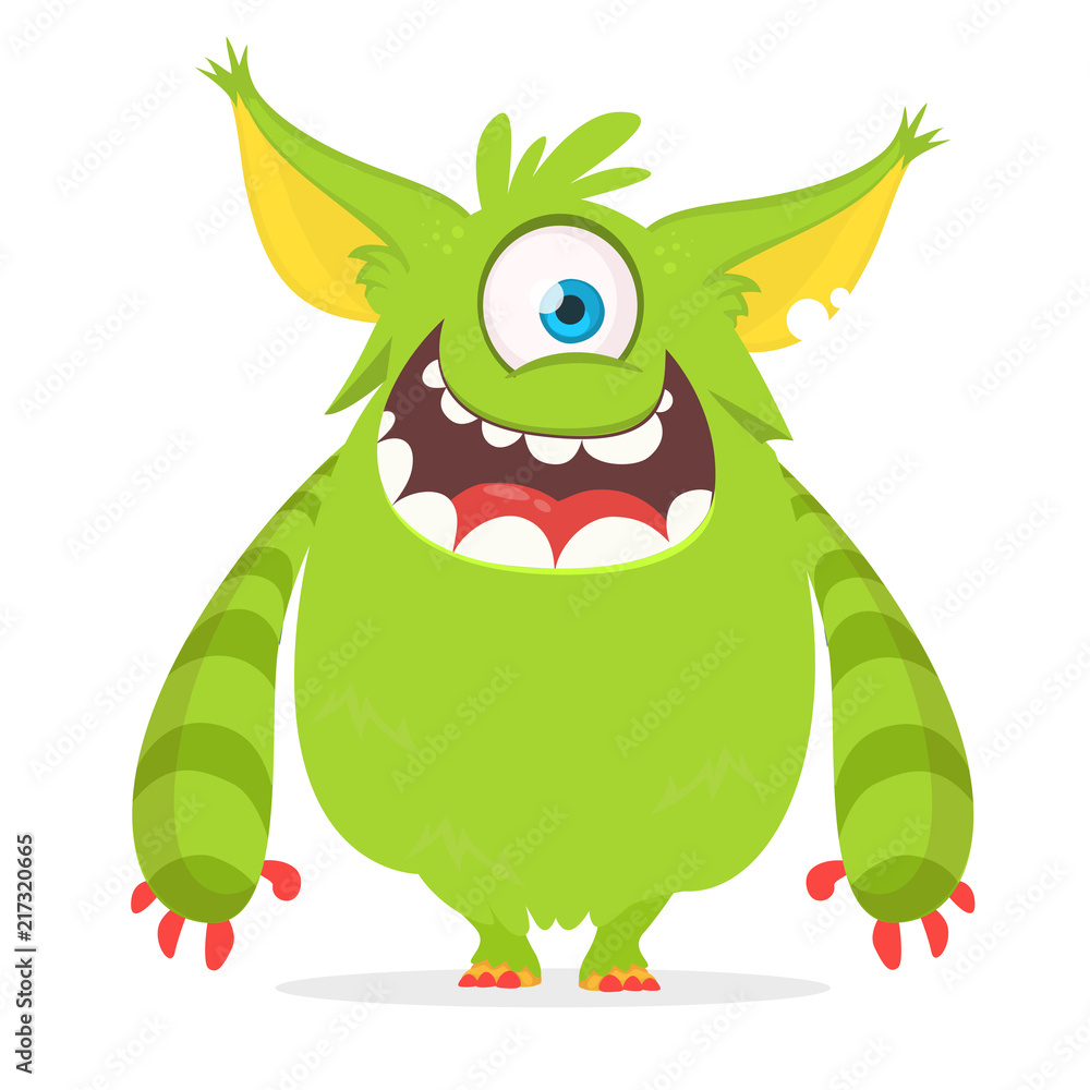 Fototapeta premium Cute cartoon monster with one eye. Smiling monster emotion with big mouth. Halloween vector illustration