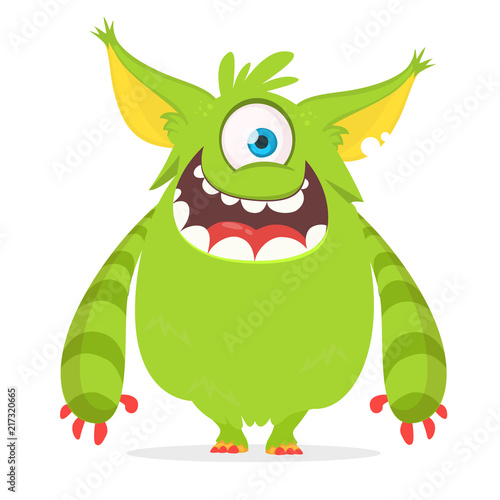 Cute cartoon monster with one eye. Smiling monster emotion with big mouth. Halloween vector illustration