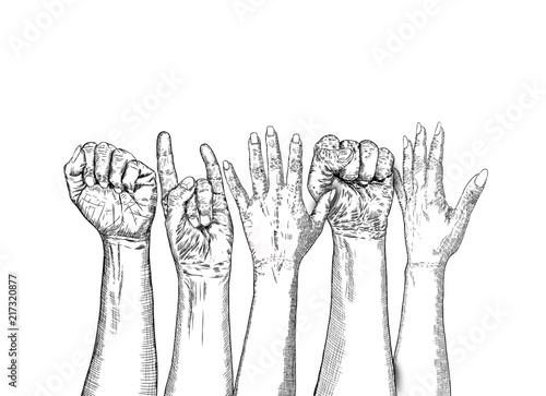 Fists hands up concept of unity, revolution, fight, cooperation. Teamwork, yes you can symbol with space for text Vector.