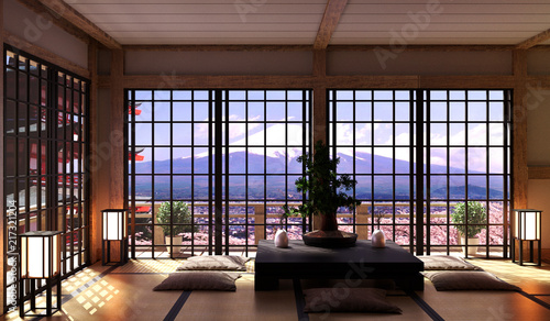 Japanese living room interior in living room minimal design, low table on floor tatami mat, view fuji mountain. 3D rendering