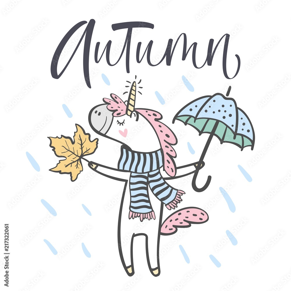 Hand drawn cute autumn unicorn isolated on white background. Design element for greeting cards, t-shirt and other. Vector illustration.