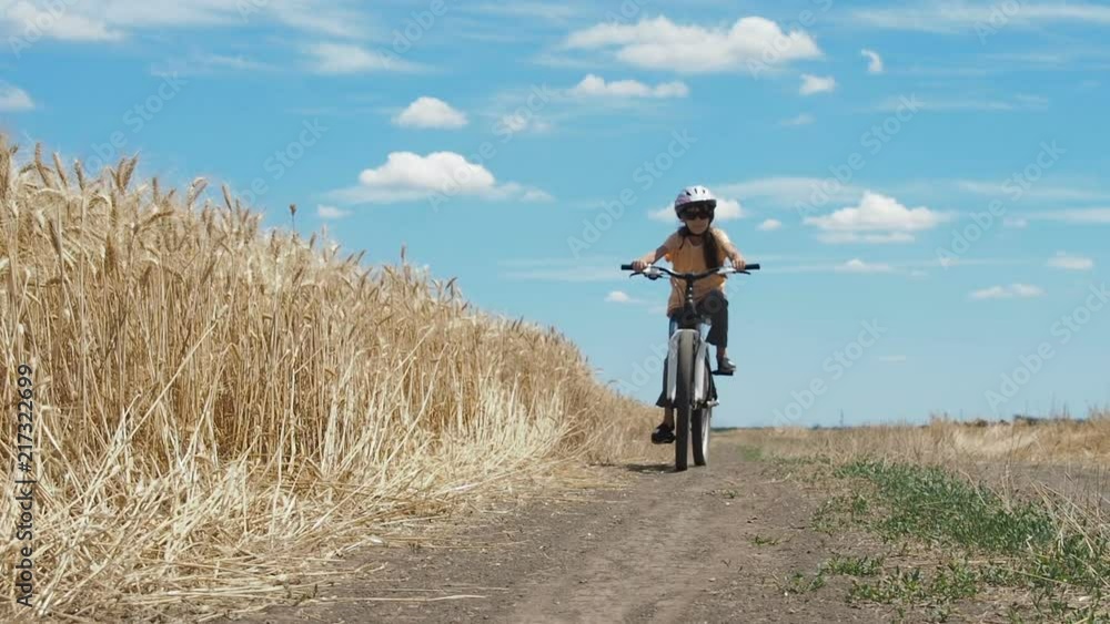 The child is riding a bicycle. Little girl on a bicycle on a wheat field. The child is riding a bicycle. Little girl on a bicycle on a wheat field.
