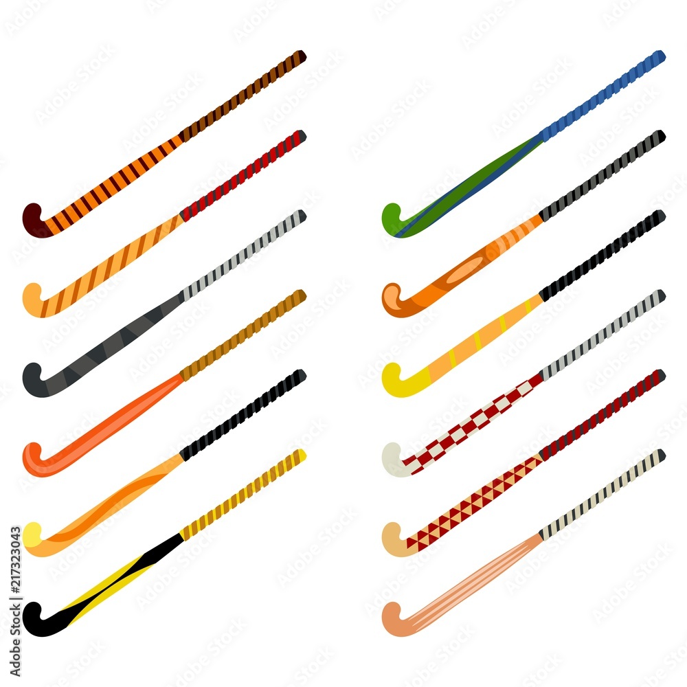 Naklejka premium Set of hockey sticks on grass on a white background. Sports equipment for the game. Beautiful sticks. Vector illustration