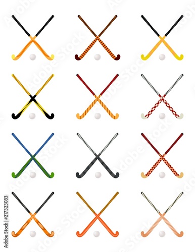 Set of hockey sticks on grass on a white background. Sports equipment for the game. Beautiful sticks. Vector illustration