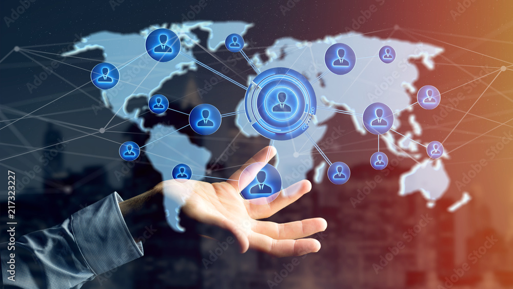 Businessman holding a Network over a connected world map - 3d render Businessman holding a Network over a connected world map - 3d render