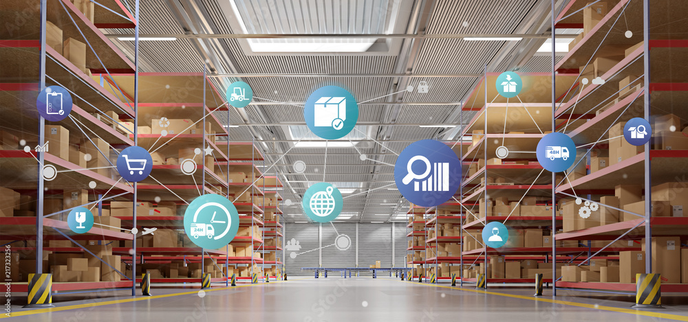 Logistic organisation on a warehouse background 3d rendering