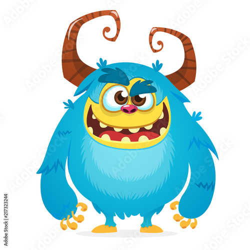 Angry cartoon monster. Halloween vector blue and horned monster. Yeti or bigfoot character