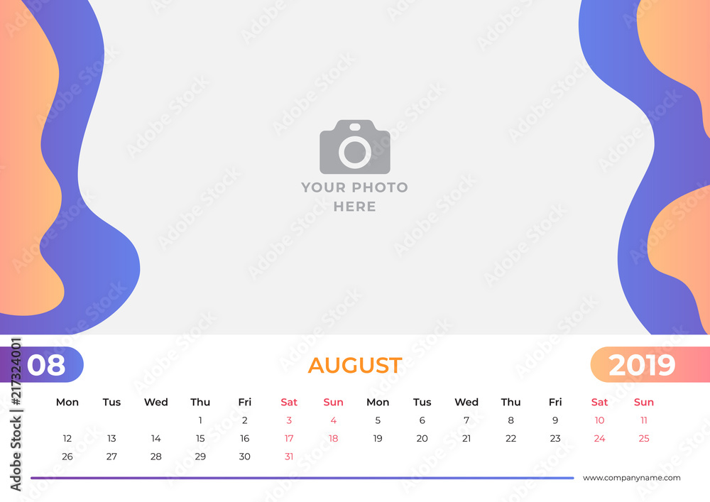 Calendar design for August 2019. Simple blue and orange background. Week starts on Monday. Vector design print template with place for photo. 