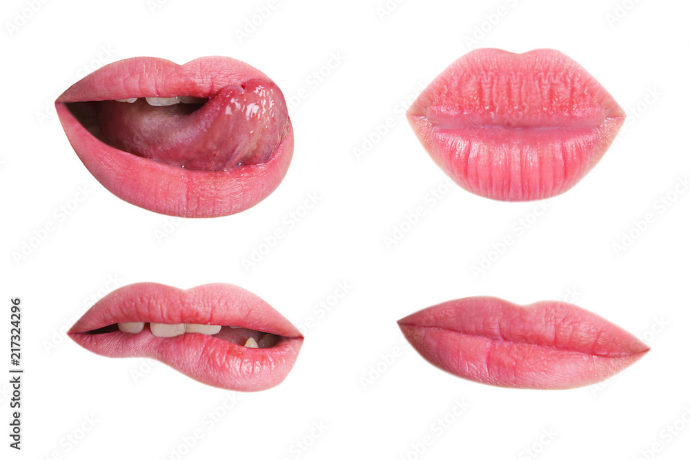 Fototapeta premium Collection of lips on a white background. Girl teenager expressing different emotions