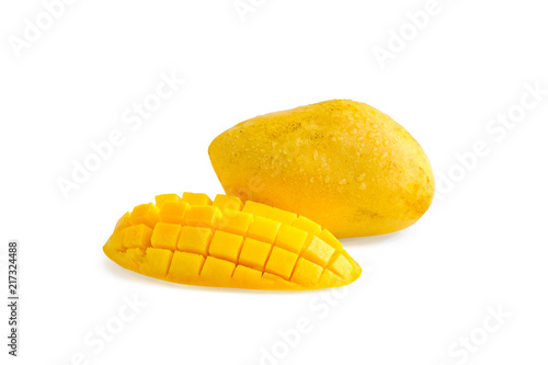Ripe yellow mango with cube sliced one on white background