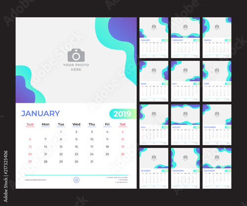 2019 Calendar design. Simple green and purple background. Week starts on Sunday. Set of 12 calendar pages vector design print template with place for photo. 
