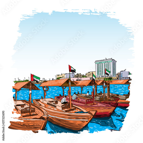 Watercolor splash Old traditional boats on the Bay Creek in Dubai, United Arab Emirates, UAE. Hand drawn sketch. Piers of traditional water taxi in Deira area. Famous tourist destination. Vector.