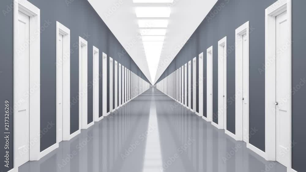 Movement along endless grey corridor with white doors Movement along endless grey corridor with white doors