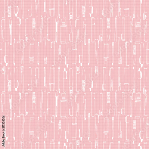 Line art pens and pencils seamless pattern on pink notebook page background. Great for school and office stationery, fabric, scrap booking, packaging, backgrounds and backdrops.