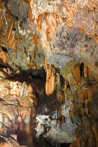 Rock formations of stalactites and stalagmites inside the cave of "Su Mannau" in Fluminimaggiore in Sardinia, Italy.