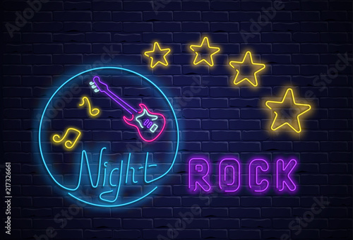 Night rock colorful signboard on purple realistic bricklaying wall.