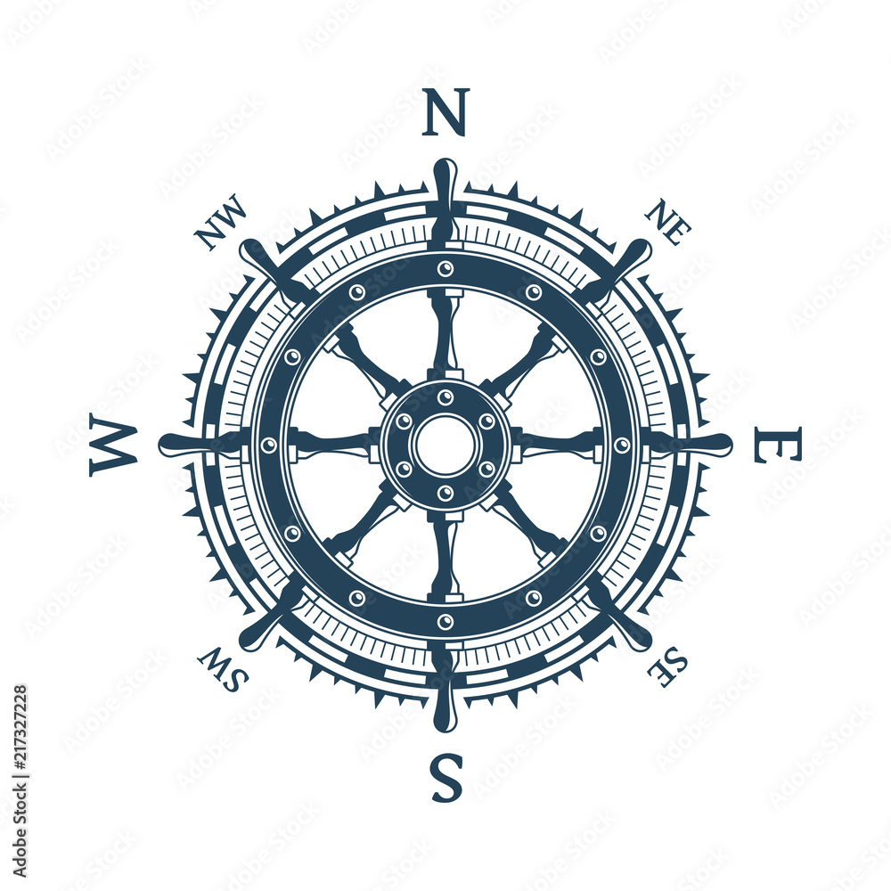 Obraz premium Wind rose and helm wheel.