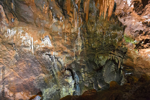Rock formations of stalactites and stalagmites inside the cave of "Su Mannau" in Fluminimaggiore in Sardinia, Italy.