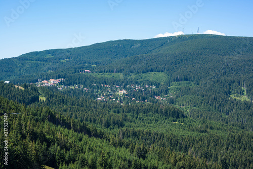 Small town in the wild Carpathian mountains scenic view.