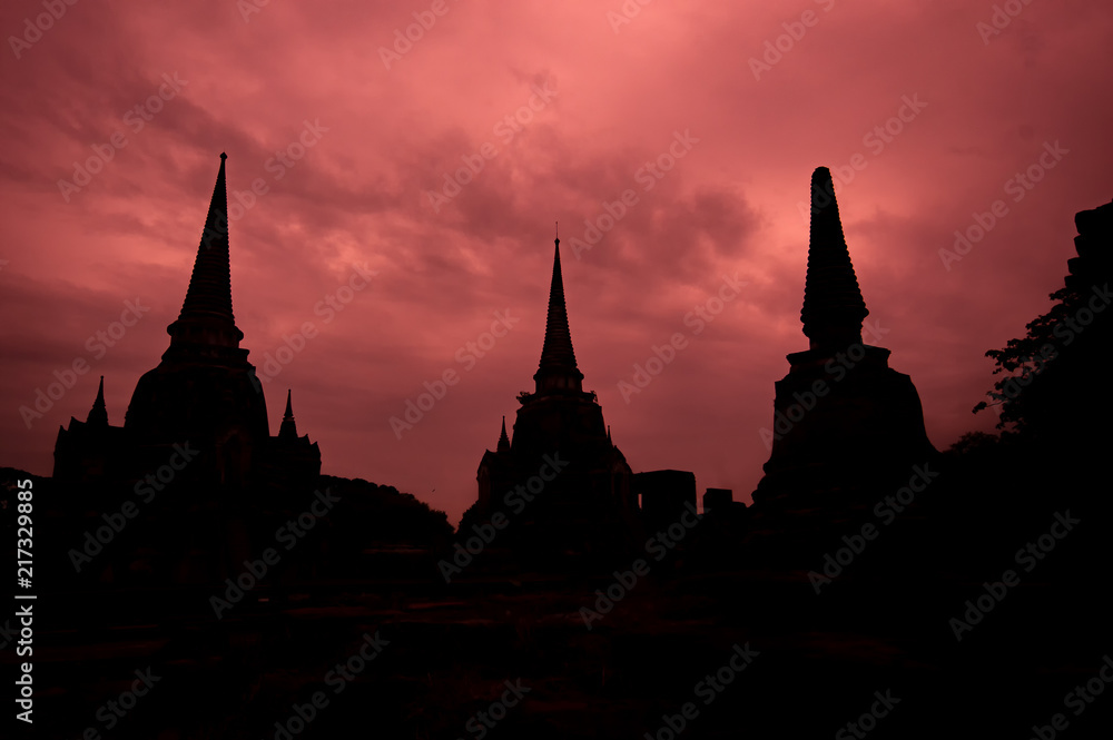 ayuttaya silhouette of Wat Phra Si Sanphet  temple in ayuttaya thailand