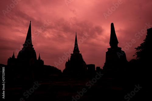 ayuttaya silhouette of Wat Phra Si Sanphet  temple in ayuttaya thailand photo