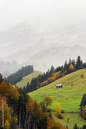 A beautiful mountain side hut with fog and fall colors