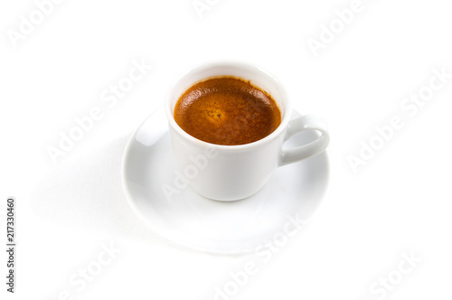 Full cup of hot aromatic coffee on saucer with spoon. Good Morning Coffee Isolated on white background