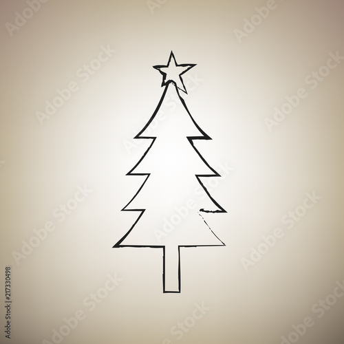 New year tree sign. Vector. Brush drawed black icon at light bro