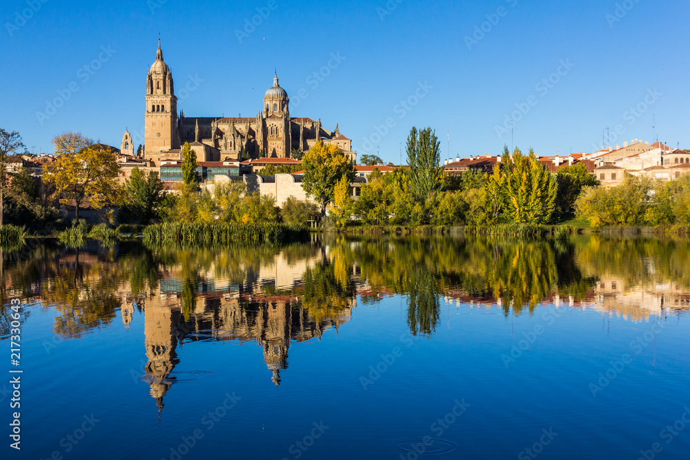 Cityscape of Salamanca and its mirror image on Tormes river (Spain)