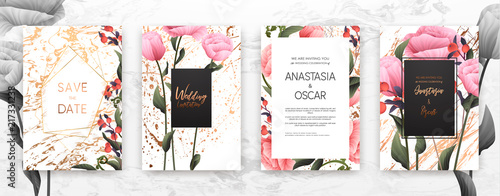 Wedding invitation frame set; flowers, leaves, watercolor, minimal vector. Sketched wreath, floral and herbs garland with rose, green, greenery color. Handdrawn Vector Watercolour style, nature art.