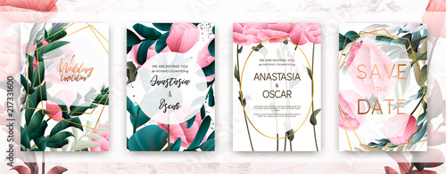 Wedding invitation frame set; flowers, leaves, watercolor, minimal vector. Sketched wreath, floral and herbs garland with rose, green, greenery color. Handdrawn Vector Watercolour style, nature art.