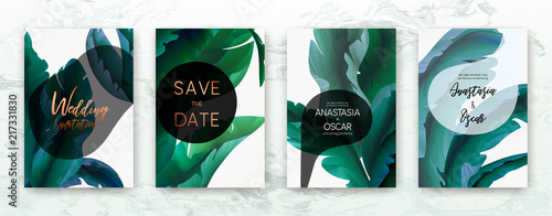 Wedding invitation frame set: flowers, palm,succulent, eucalyptus leaves, watercolor, minimal vector. Sketched wreath, floral and herbs garland with green, greenery color. Drawn Watercolour style