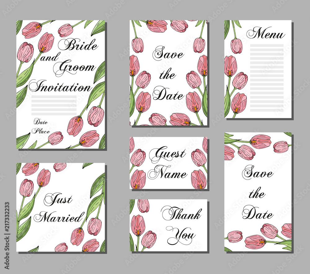 Naklejka premium Wedding invitations, hand drawn flowers tulips. Set of wedding cards.