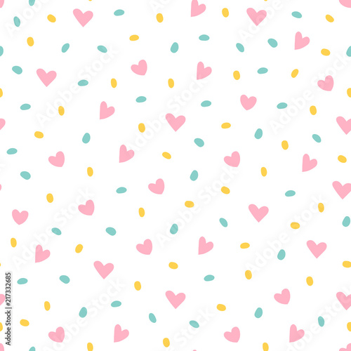 Vector seamless pattern of hearts and dots.