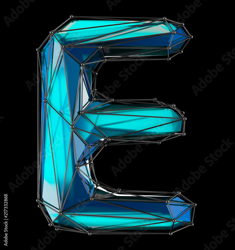 Low Poly Alphabet Letter E. Blue color Isolated black