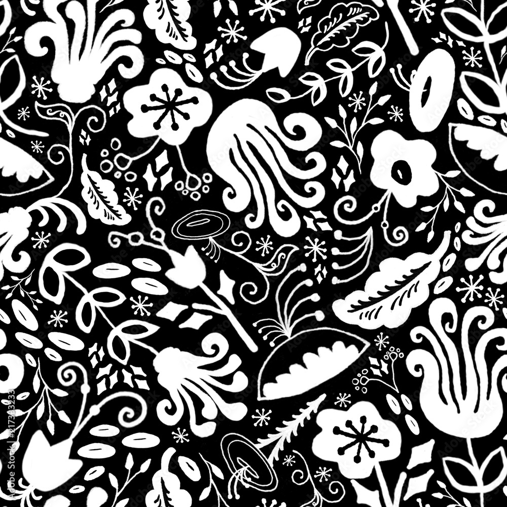 Fototapeta premium Hand Drawn Seamless Funky Monochrome Vintage Floral Pattern in black and white.