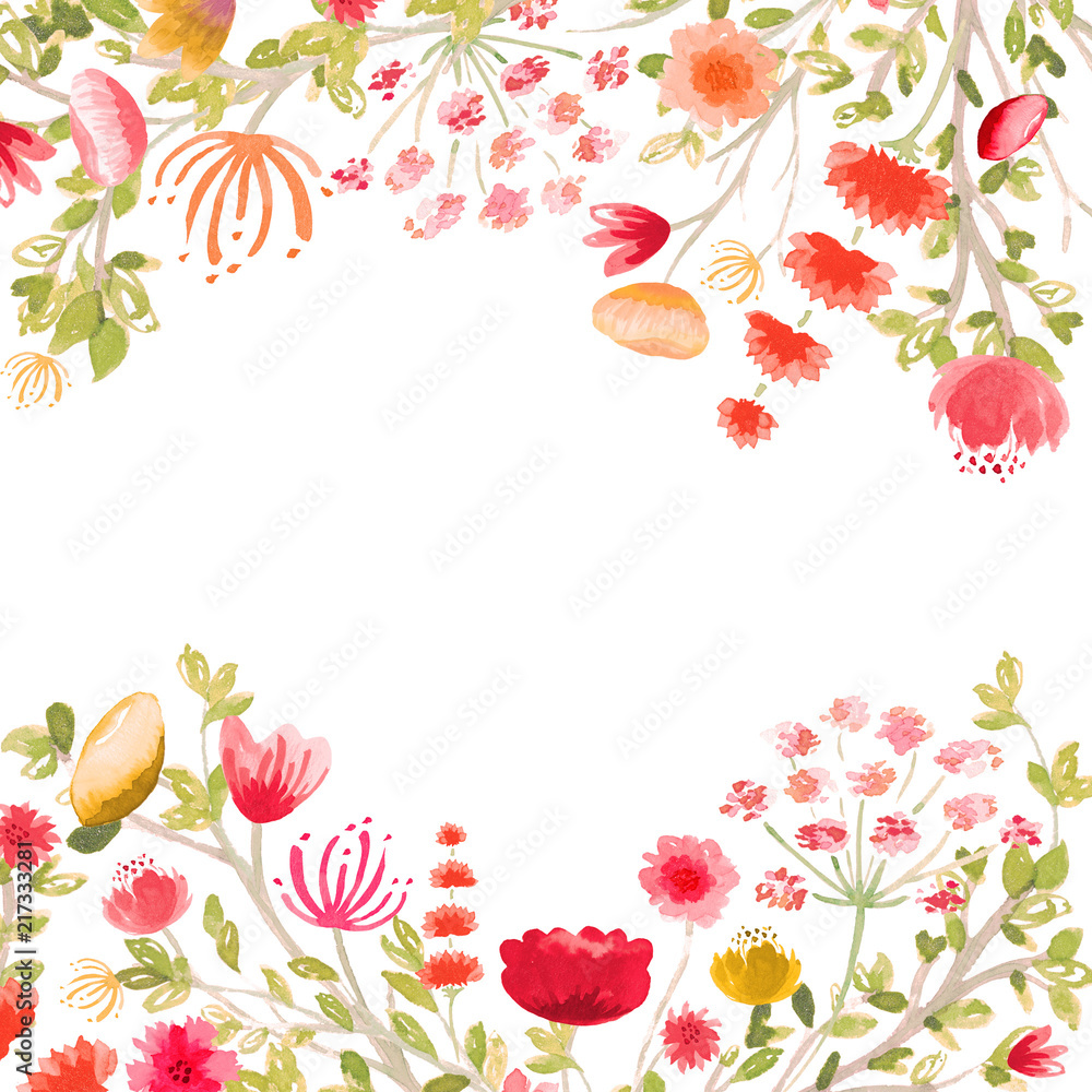 Elegant Hand Painted Pink Red Orange and Yellow Watercolor Floral and Foliage Square Border Frame on white background.