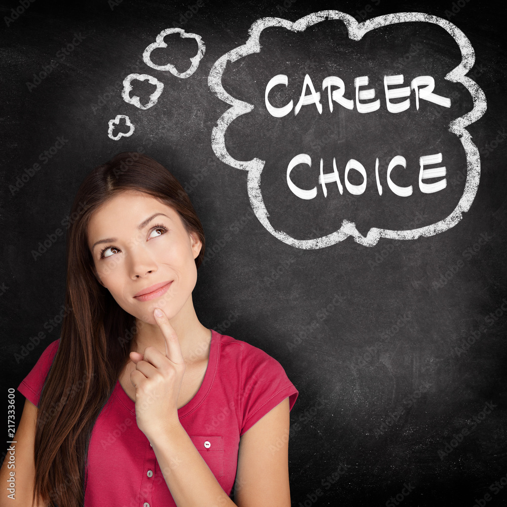 Career choice student thinking of choosing a job and profession pensive about the future. Asian girl with thought bubble drawing illustrating her dream and decisions about life. Career choice student thinking of choosing a job and profession pensive about the future. Asian girl with thought bubble drawing illustrating her dream and decisions about life.