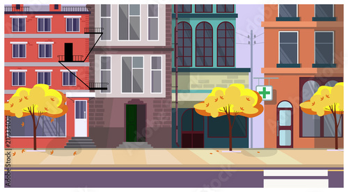 Autumn city street with trees and buildings in background. Cityscape, architecture concept. Flat style vector illustration. For leaflets, brochures, wallpapers, posters or banners.