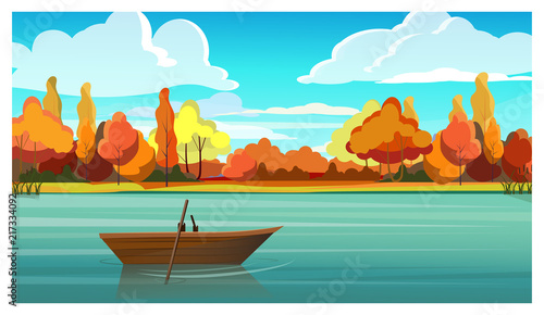 Lake with empty boat and autumn trees in background. Nature, countryside concept. Flat style vector illustration. For leaflets, brochures, wallpapers, posters or banners.