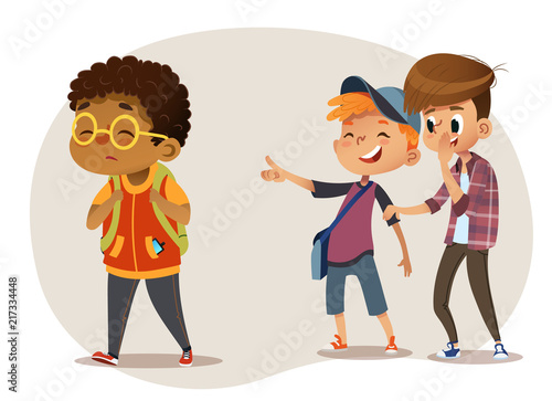 Sad African-American boy wearing glasses going through school. School boys laughing and pointing at the obese boy. Body shaming, fat shaming. Bulling at school. Vector illustration. Isolated