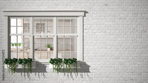 Exterior brick wall with white window with potted plant, showing interior scandinavian kitchen, blank background with copy space, architecture design concept photo