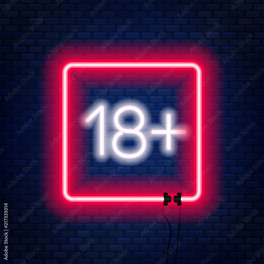 Eighteen plus neon sign on brick wall background. Eighteen plus neon sign on brick wall background.