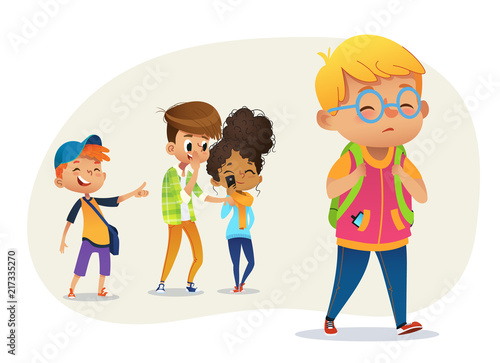 Sad overweight boy wearing glasses going through school. School boys and gill laughing and pointing at the obese boy. Body shaming, fat shaming. Bulling at school. Vector illustration
