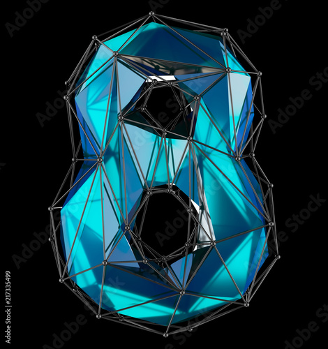 Low poly style number 8. Blue color isolated on black background. 3d