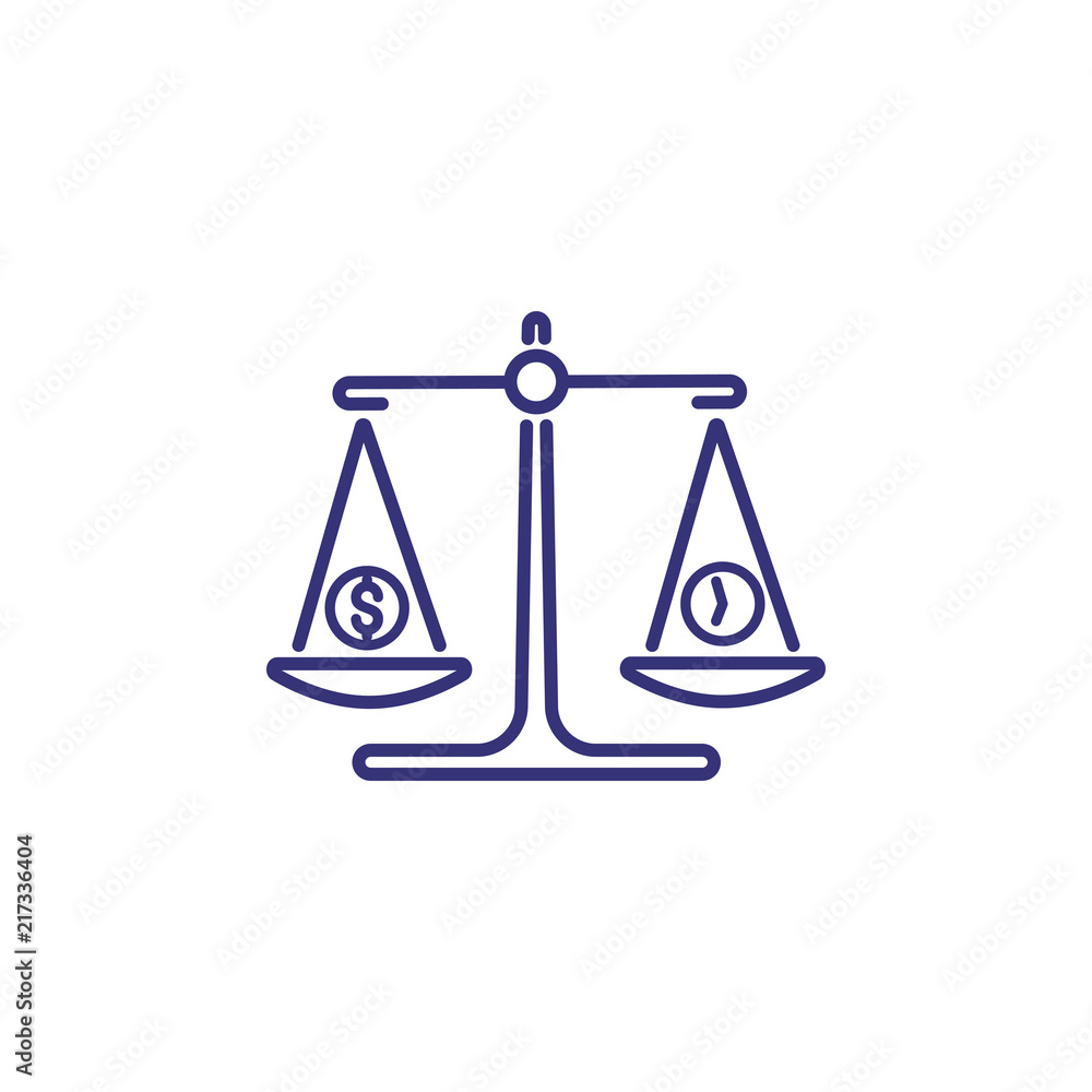 Balance line icon. Scale with clock and dollar coin. Time is money concept. Can be used for topics like business, management, finance, salary Balance line icon. Scale with clock and dollar coin. Time is money concept. Can be used for topics like business, management, finance, salary